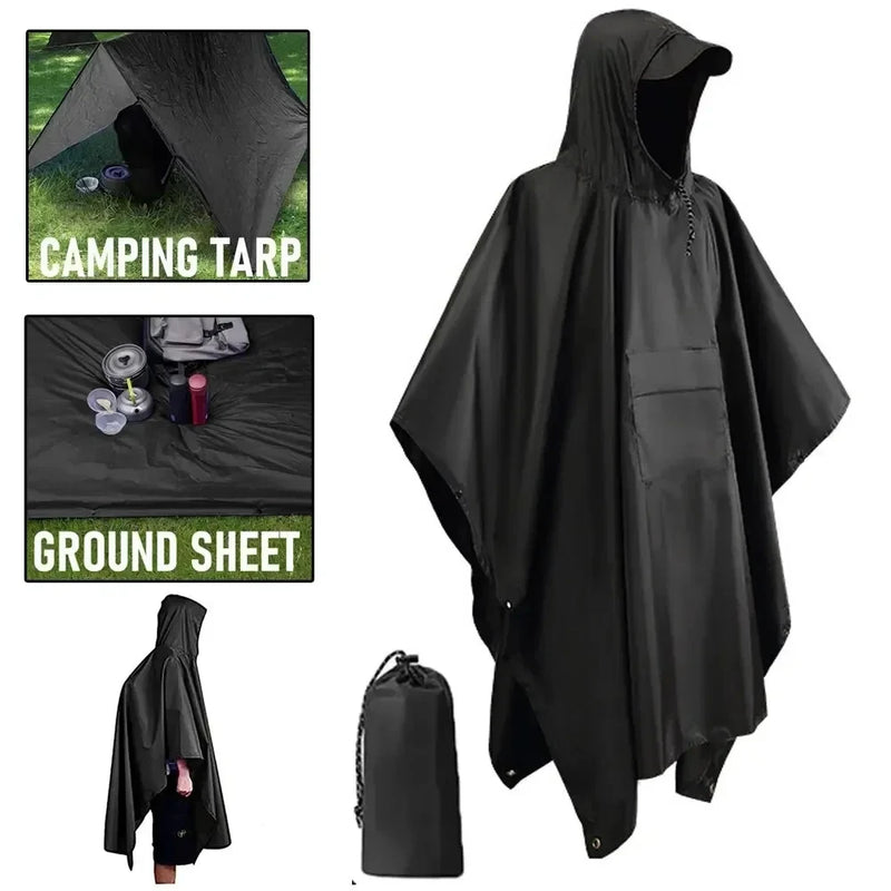 Capa de Chuva Militar 3 em 1 Impermeável com Capuz – Poncho para Camping, Trilhas, Pesca, Moto e Tenda Portátil