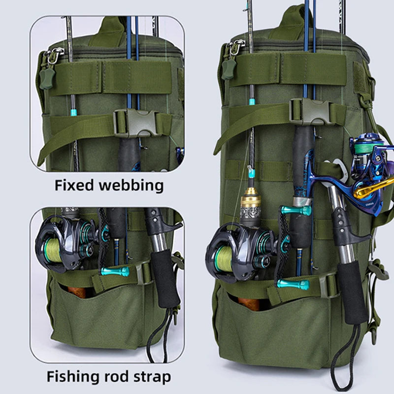 Mochila Tática de Pesca Multifuncional com Suporte para Vara – Bolsa Molle para Equipamentos, Camping e Trilhas