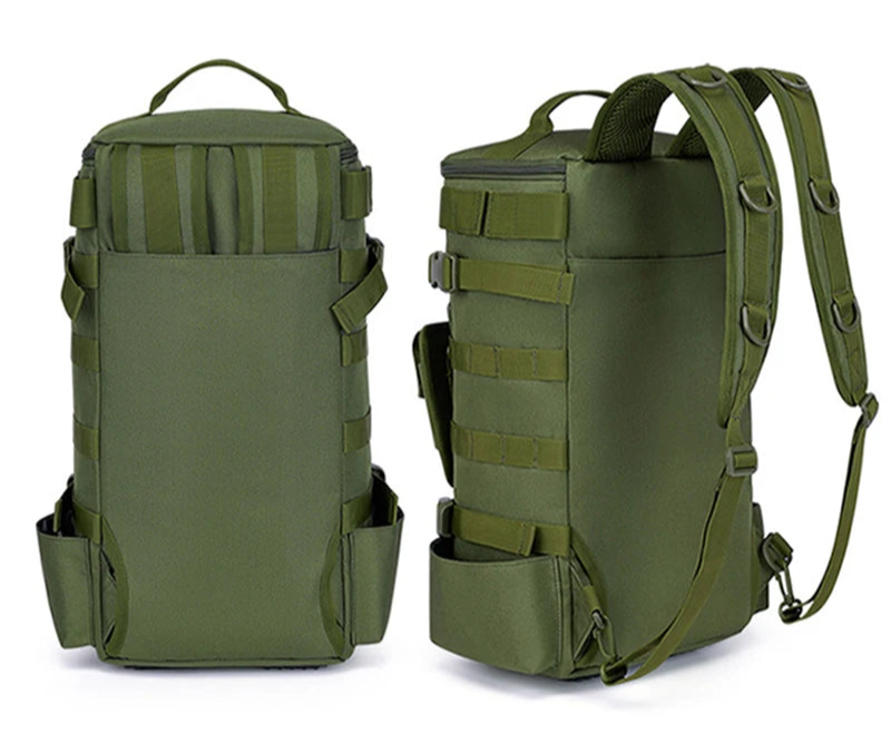 Mochila Tática de Pesca Multifuncional com Suporte para Vara – Bolsa Molle para Equipamentos, Camping e Trilhas