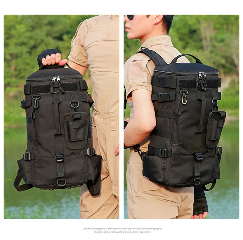 Mochila Tática de Pesca Multifuncional com Suporte para Vara – Bolsa Molle para Equipamentos, Camping e Trilhas